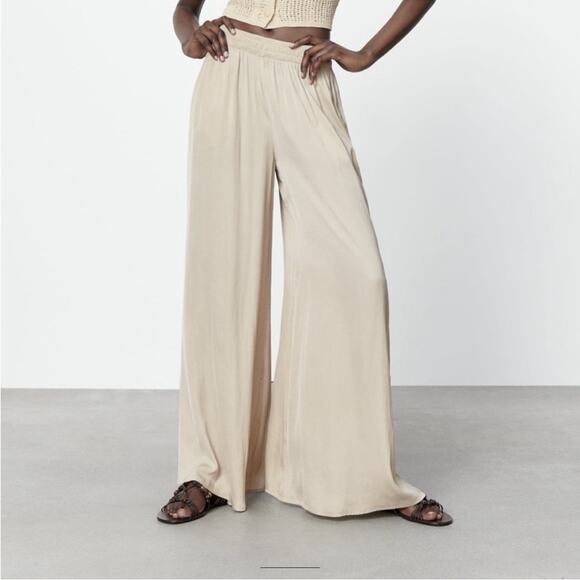Zara Pants - NWT Zara wide leg flowy tencel pants size S beige